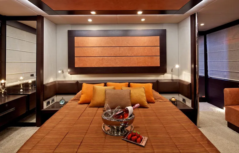  Yacht Photos Pics Luxurious bedroom interior on 2008 Azimut 86S yacht with elegant decor and cozy ambiance.