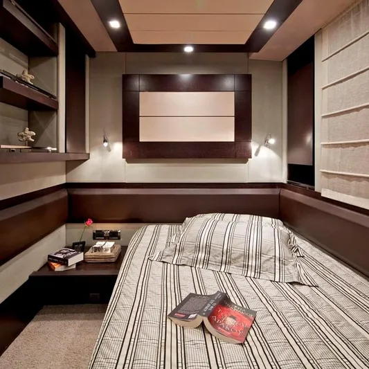  Yacht Photos Pics Luxurious bedroom interior of 2008 Azimut 86S yacht with modern decor and ambient lighting.