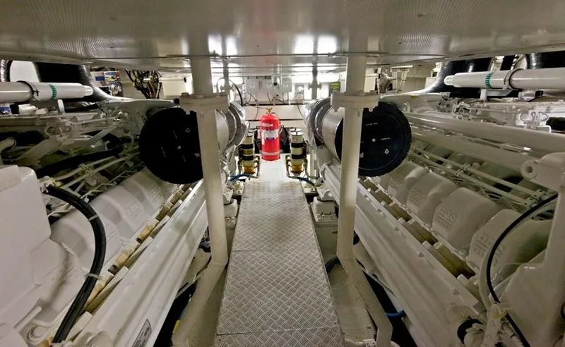  Yacht Photos Pics Engine room of 2008 Azimut 86S yacht, featuring dual engines and fire extinguisher.