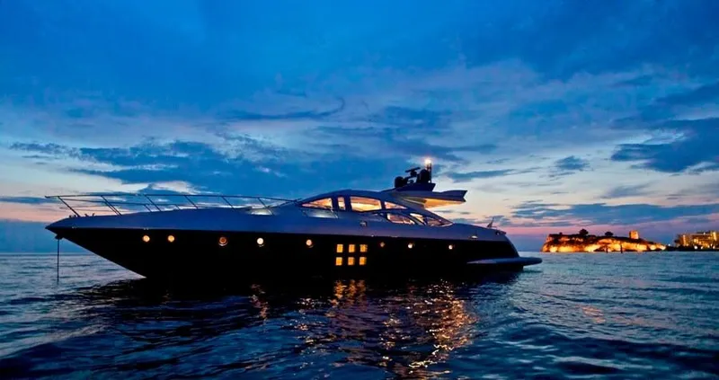  Yacht Photos Pics Luxurious 2008 Azimut 86S yacht at sunset on calm waters.