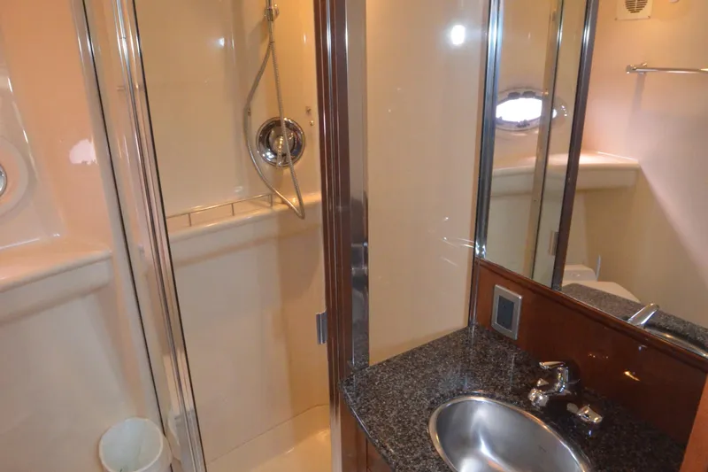 Alta Levica Yacht Photos Pics Bathroom interior of 2006 Meridian 368 Motoryacht with shower and sink.