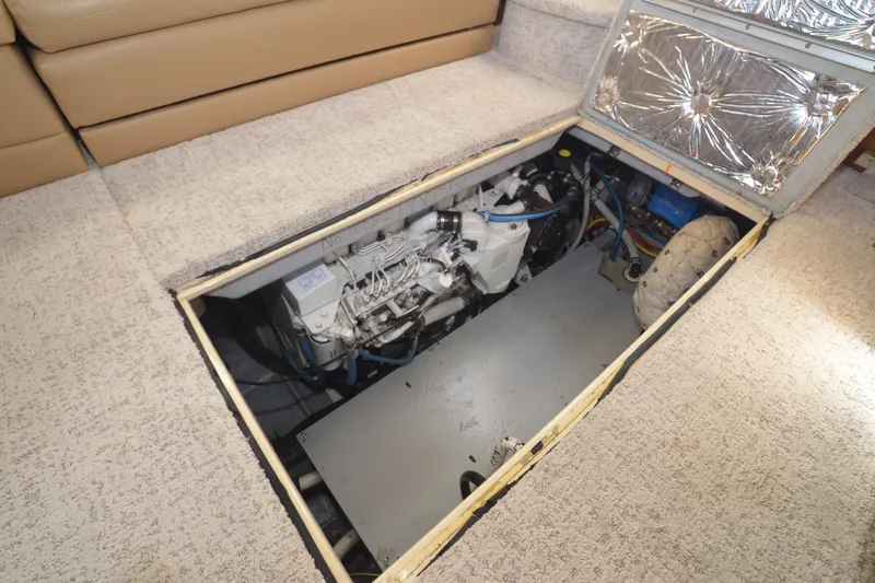 Alta Levica Yacht Photos Pics Engine compartment of 2006 Meridian 368 Motoryacht, showcasing mechanical components and wiring.