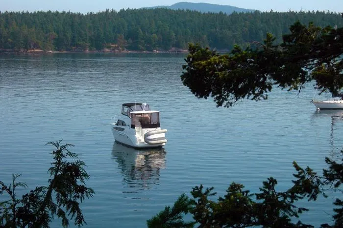 Alta Levica Yacht Photos Pics 2006 Meridian 368 Motoryacht on tranquil lake with forested shoreline.
