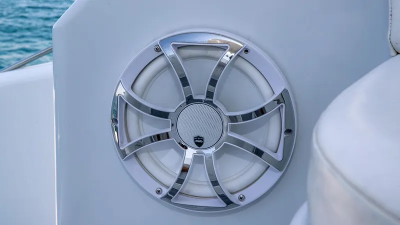  Yacht Photos Pics Chrome speaker on 2010 Custom 650 Catamaran, set against a marine backdrop.