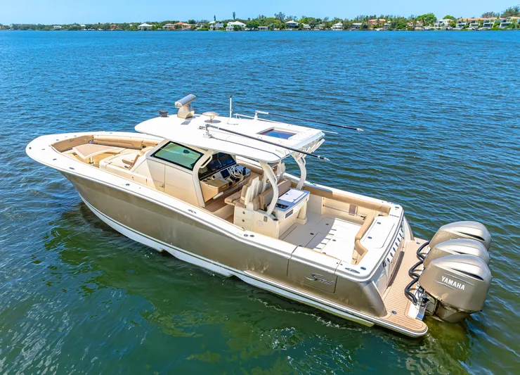  Yacht Photos Pics 2018 Scout 380 LXF boat on water with Yamaha engines.