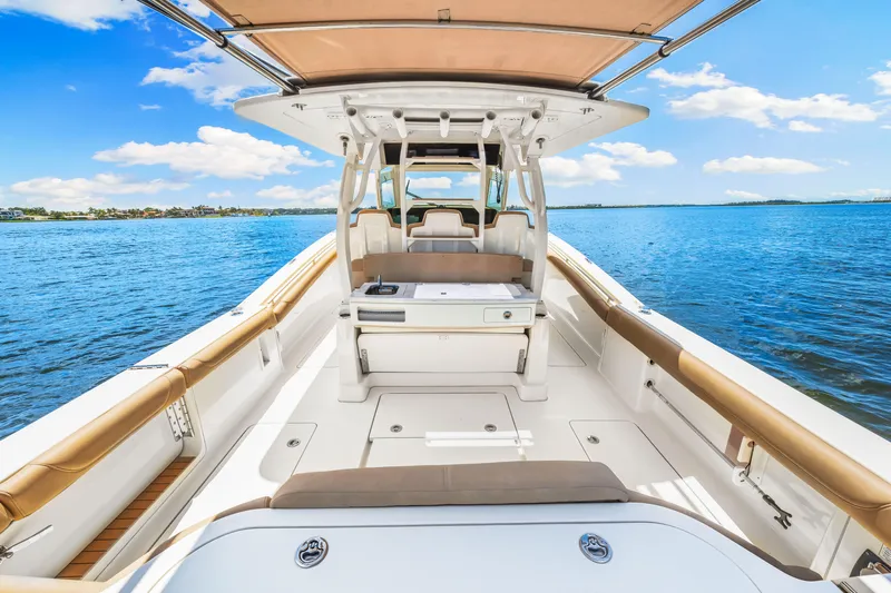  Yacht Photos Pics 2018 Scout 380 LXF boat interior on a sunny day.