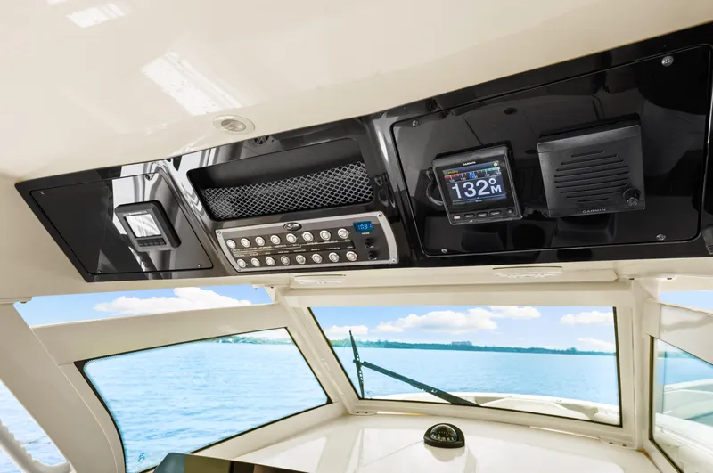  Yacht Photos Pics 2018 Scout 380 LXF boat dashboard with navigation and control panel.