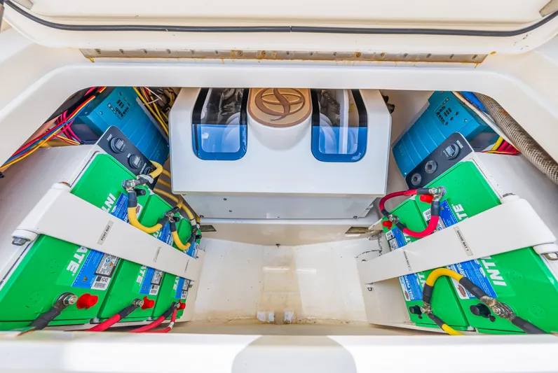  Yacht Photos Pics Battery compartment of a 2018 Scout 380 LXF boat.