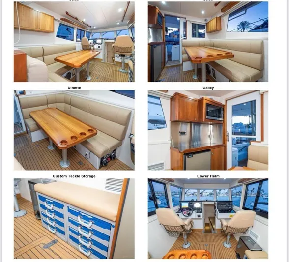 Yacht Photos Pics Interior of 2011 Custom Imax Fishing Boat featuring dinette, galley, tackle storage, and helm.