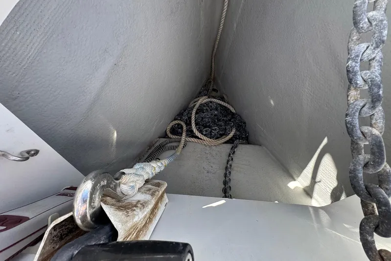 Sea Ranch II Yacht Photos Pics Anchor chain and ropes in the bow of a 2018 Jeanneau Sun Odyssey 389 sailboat.
