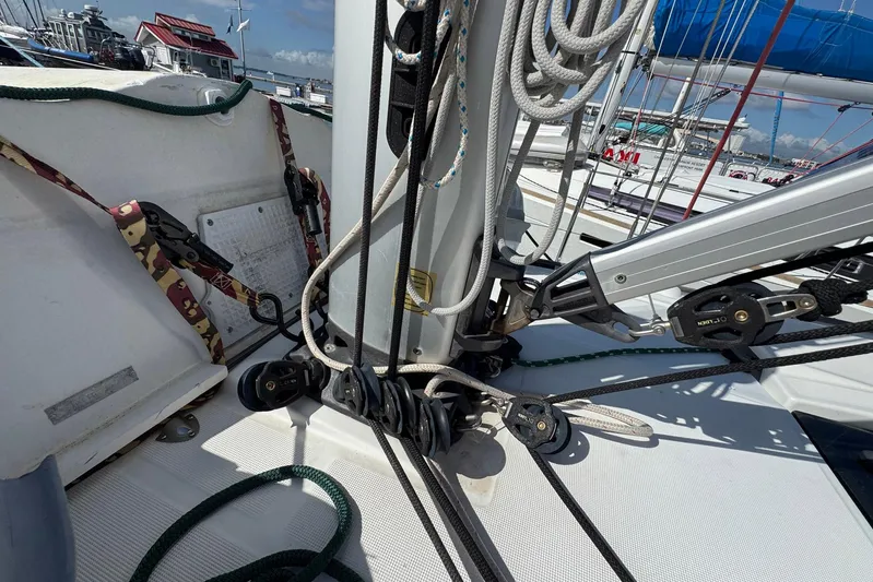Sea Ranch II Yacht Photos Pics 2018 Jeanneau Sun Odyssey 389 sailboat deck with rigging and ropes.