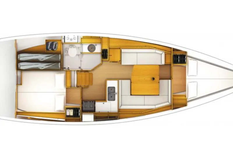 Sea Ranch II Yacht Photos Pics 2018 Jeanneau Sun Odyssey 389 interior layout with cabins, kitchen, and seating area.