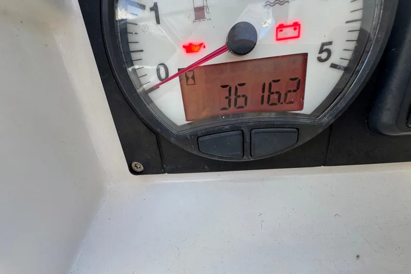 Sea Ranch II Yacht Photos Pics Close-up of Jeanneau Sun Odyssey 389 gauge displaying 3616.2 hours, 2018 model.