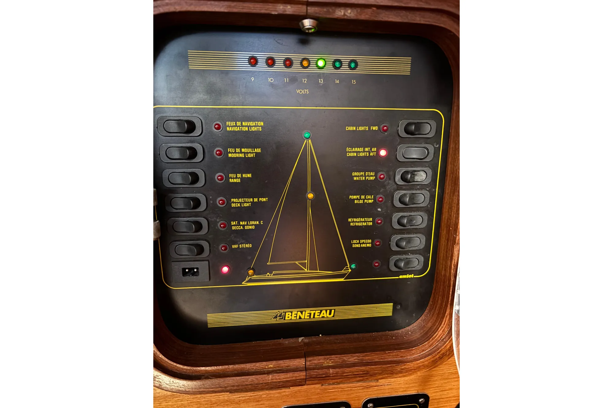 Control panel of a 1986 Beneteau First 375 sailboat with labeled switches and indicators.