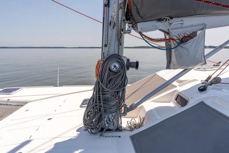 Atlas Yacht Photos Pics Sailing yacht deck of 2006 St Francis SF50 with ropes and calm water view.