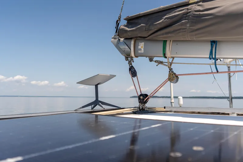 Atlas Yacht Photos Pics Sailboat deck with solar panels and satellite dish, St Francis SF50, 2006 model.