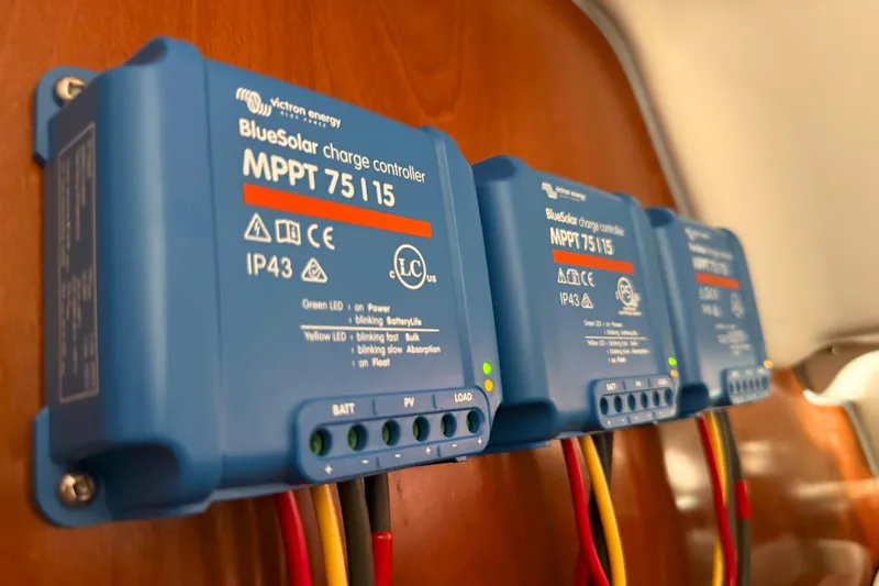 Bellabeaupied Yacht Photos Pics BlueSolar charge controllers on 2004 Beneteau 473 yacht, enhancing solar energy efficiency.