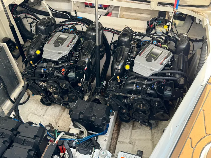  Yacht Photos Pics Engine compartment of a 2014 Sea Ray 330 Sundancer with dual engines.