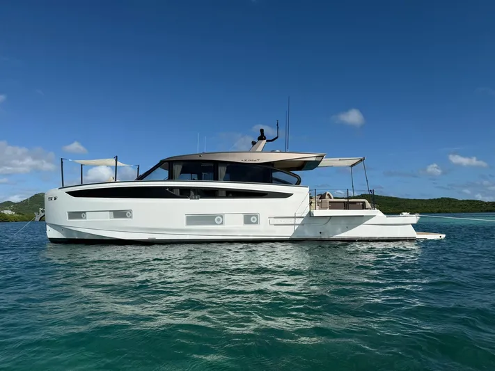  Yacht Photos Pics 2025 Azimut Seadeck 6 yacht on calm blue water, clear sky background.