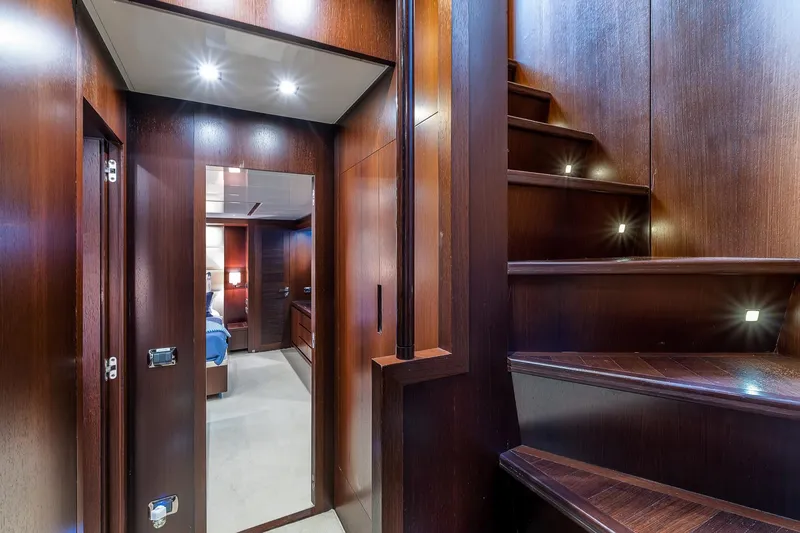Easy Yacht Photos Pics Luxurious interior of 2009 Sanlorenzo 82 yacht with wooden staircase and modern lighting.