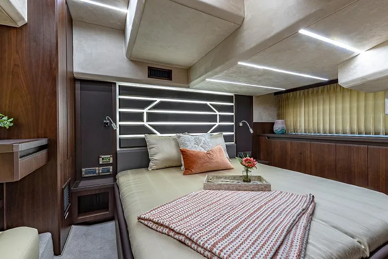  Yacht Photos Pics Luxurious interior of 2023 Galeon 425 HTS yacht bedroom with modern design and ambient lighting.