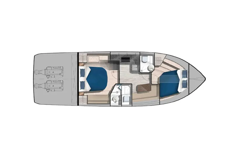  Yacht Photos Pics 2023 Galeon 425 HTS yacht floor plan, featuring two bedrooms and a bathroom layout.
