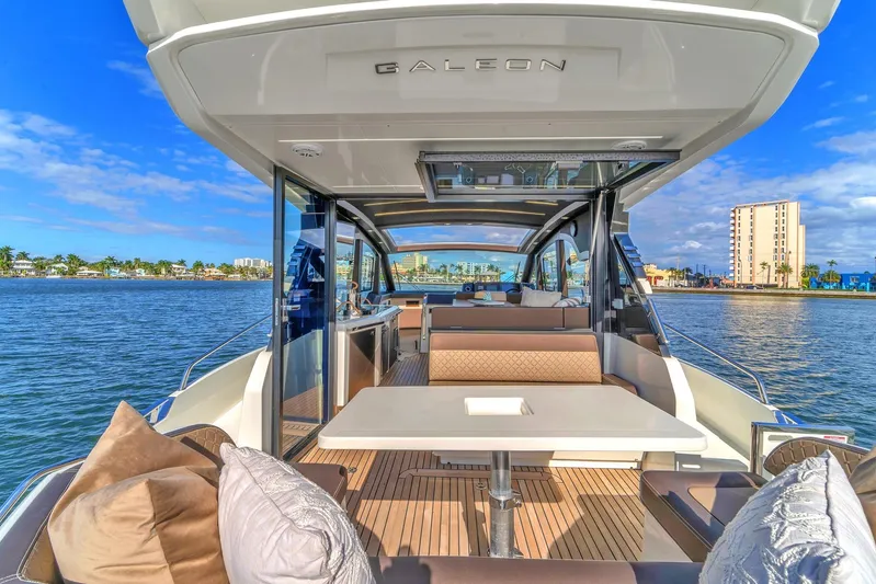 Yacht Photos Pics Luxurious Galeon 425 HTS yacht on calm waters, 2023 model.