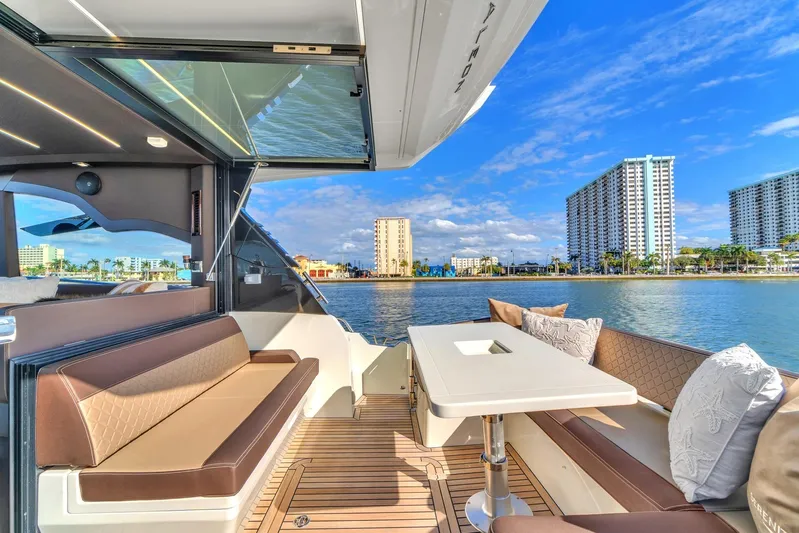  Yacht Photos Pics Luxurious 2023 Galeon 425 HTS yacht interior with waterfront cityscape view.