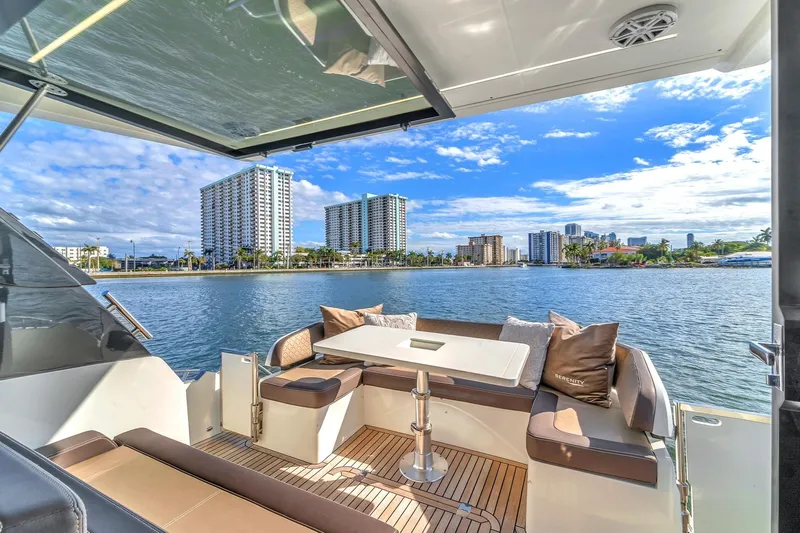  Yacht Photos Pics Luxurious 2023 Galeon 425 HTS yacht interior with waterfront cityscape view.