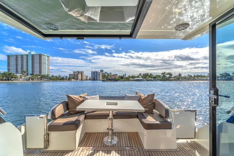  Yacht Photos Pics 2023 Galeon 425 HTS yacht interior with waterfront city view.