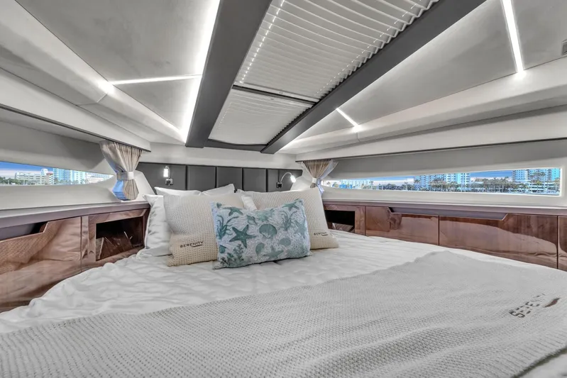  Yacht Photos Pics Luxurious interior of 2023 Galeon 425 HTS yacht with elegant bedding and modern design.