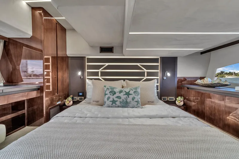  Yacht Photos Pics Luxurious interior of 2023 Galeon 425 HTS yacht with elegant bedroom design.