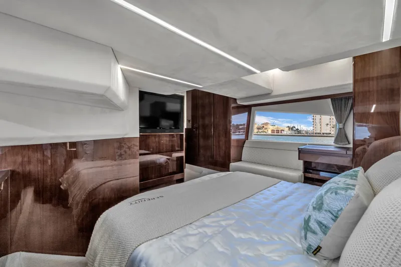  Yacht Photos Pics Luxurious interior of 2023 Galeon 425 HTS yacht with elegant bedroom and scenic window view.