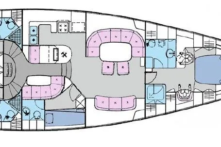 Sinfonie Sylt Yacht Photos Pics Floor plan of 2001 Grand Soleil 70 yacht, featuring cabins, bathrooms, and living areas.