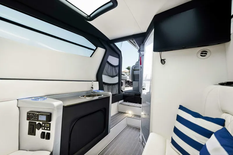 Rod's Jewel Yacht Photos Pics Interior of 2017 Nor-Tech 450SS boat with modern amenities and sleek design.