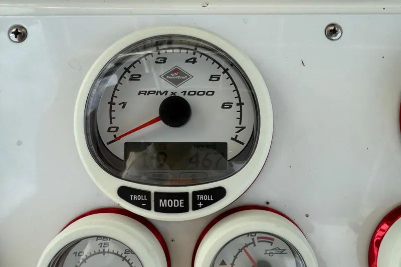  Yacht Photos Pics Close-up of a 2005 Fountain 34 Sportfish CC Open Bow tachometer displaying RPM.