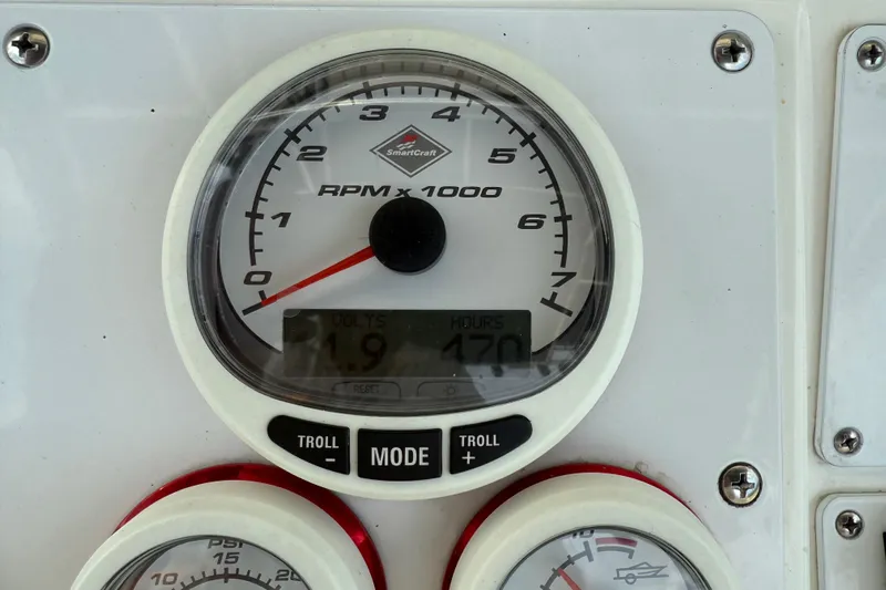  Yacht Photos Pics Close-up of a SmartCraft RPM gauge on a 2005 Fountain 34 Sportfish CC Open Bow.