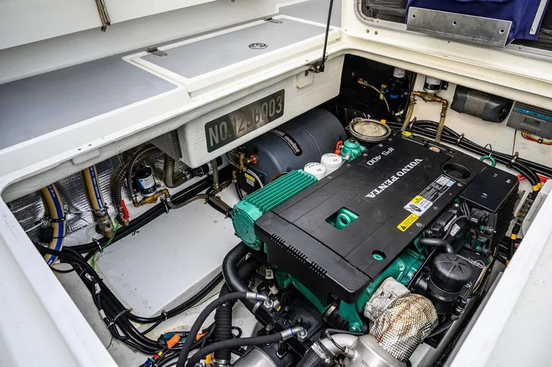  Yacht Photos Pics Engine compartment of a 2019 Targa 35 boat featuring a Volvo Penta IPS 400 engine.