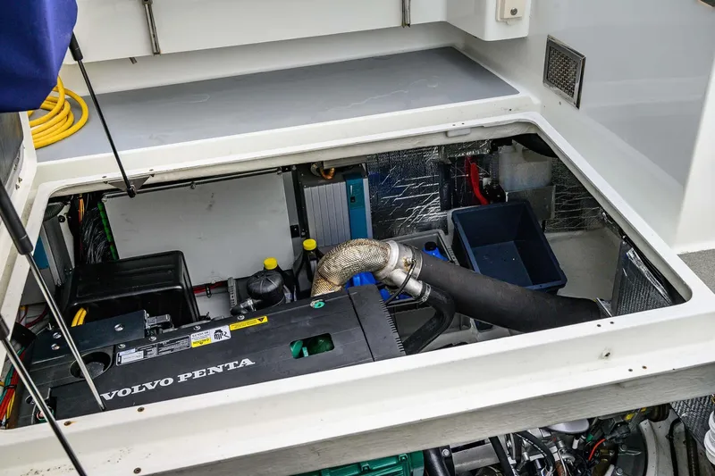  Yacht Photos Pics Engine compartment of a 2019 Targa 35 boat featuring a Volvo Penta engine.