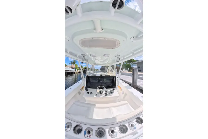  Yacht Photos Pics 2010 SeaHunter 40 boat helm with modern controls and waterfront view.
