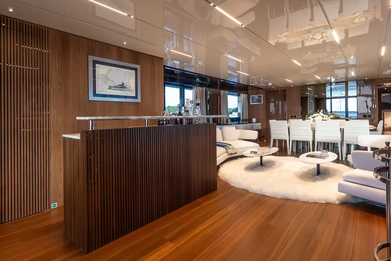 Neverland Yacht Photos Pics Luxurious interior of 2020 Sanlorenzo 44 Alloy yacht with elegant wood finishes and modern furnishings.
