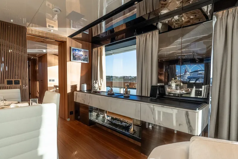 Neverland Yacht Photos Pics Luxurious interior of 2020 Sanlorenzo 44 Alloy yacht with elegant decor and modern furnishings.