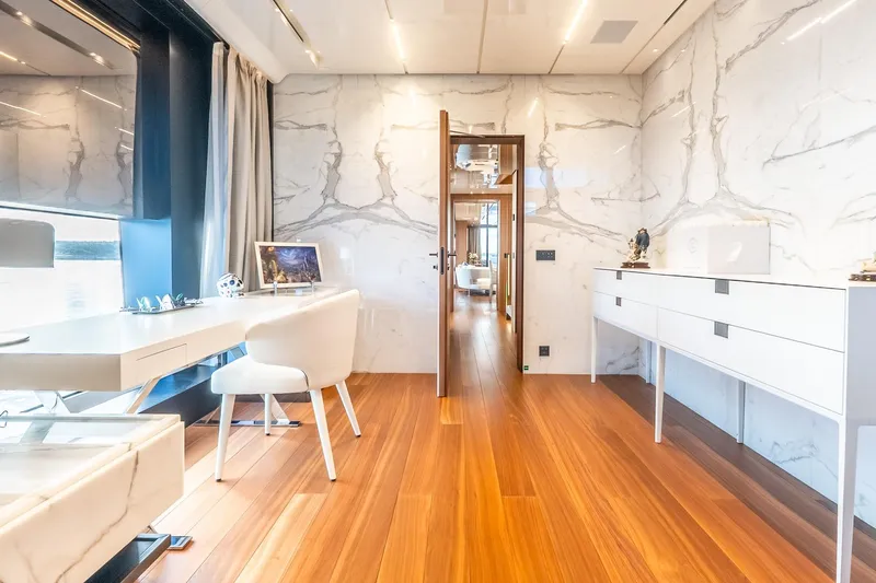 Neverland Yacht Photos Pics Luxurious interior of 2020 Sanlorenzo 44 Alloy yacht with elegant marble and wood finishes.