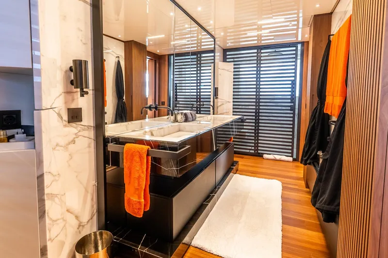 Neverland Yacht Photos Pics Luxurious bathroom on 2020 Sanlorenzo 44 Alloy yacht with modern design and elegant finishes.