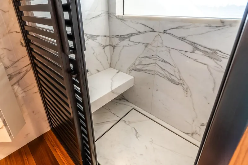 Neverland Yacht Photos Pics Luxurious marble shower interior on 2020 Sanlorenzo 44 Alloy yacht.