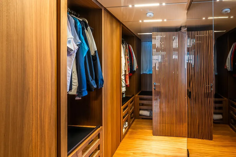 Neverland Yacht Photos Pics Luxurious wooden closet interior on Sanlorenzo 44 Alloy yacht, 2020 model.