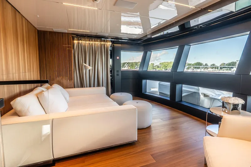 Neverland Yacht Photos Pics Luxurious interior of 2020 Sanlorenzo 44 Alloy yacht with modern design and panoramic windows.