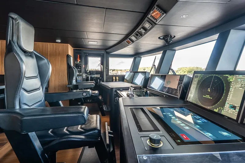 Neverland Yacht Photos Pics Modern helm of 2020 Sanlorenzo 44 Alloy yacht with advanced navigation systems.