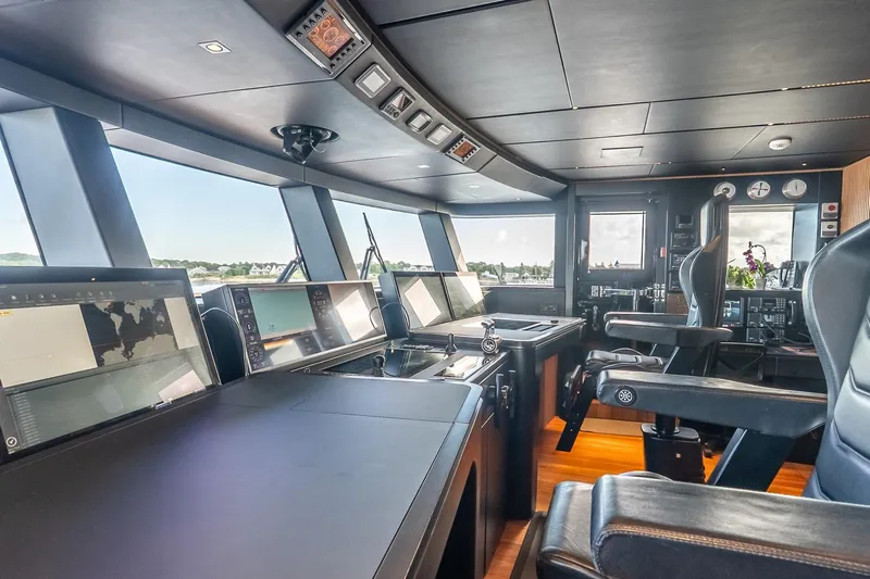 Neverland Yacht Photos Pics Modern helm of 2020 Sanlorenzo 44 Alloy yacht with advanced navigation systems.