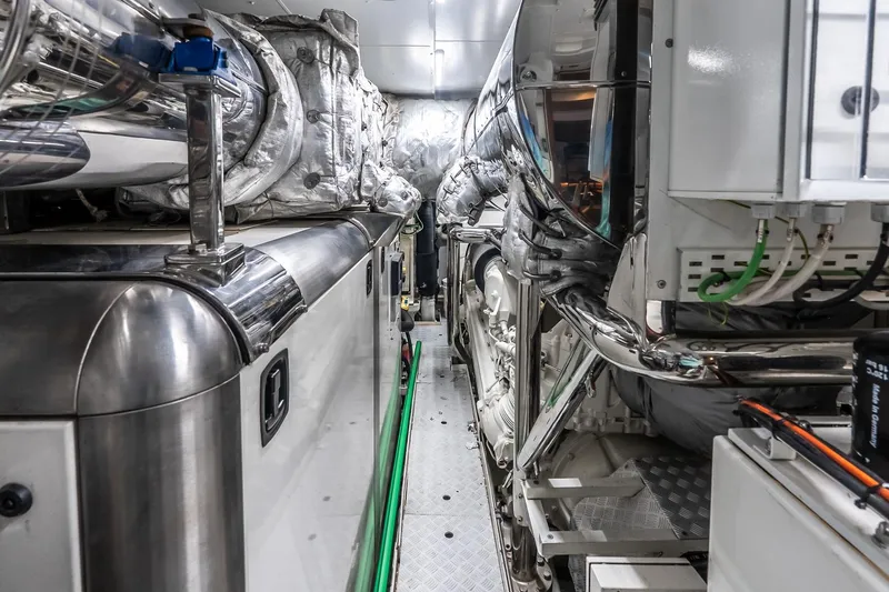 Neverland Yacht Photos Pics Engine room of 2020 Sanlorenzo 44 Alloy yacht, featuring advanced machinery and sleek design.